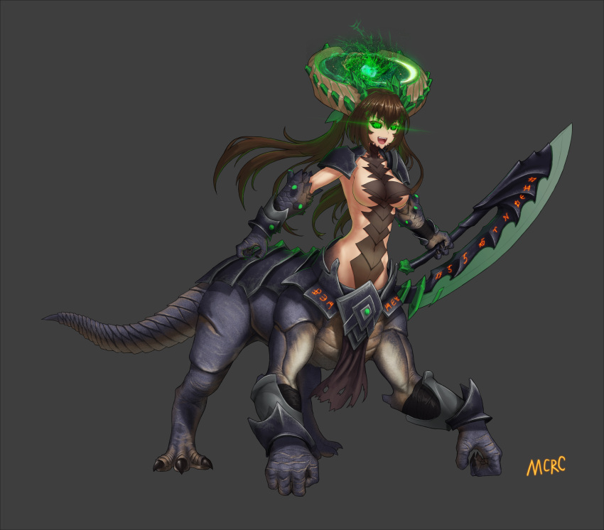 1girl, :d, absurdres, artist_name, black_sclera, brown_hair, centauroid, defense_of_the_ancients, demon_girl, dota_2, glowing, glowing_eyes, green_eyes, highres, horns, mcrc_science, monster_girl, open_mouth, runes, smile, sword, twintails, underlord_(dota), weapon
