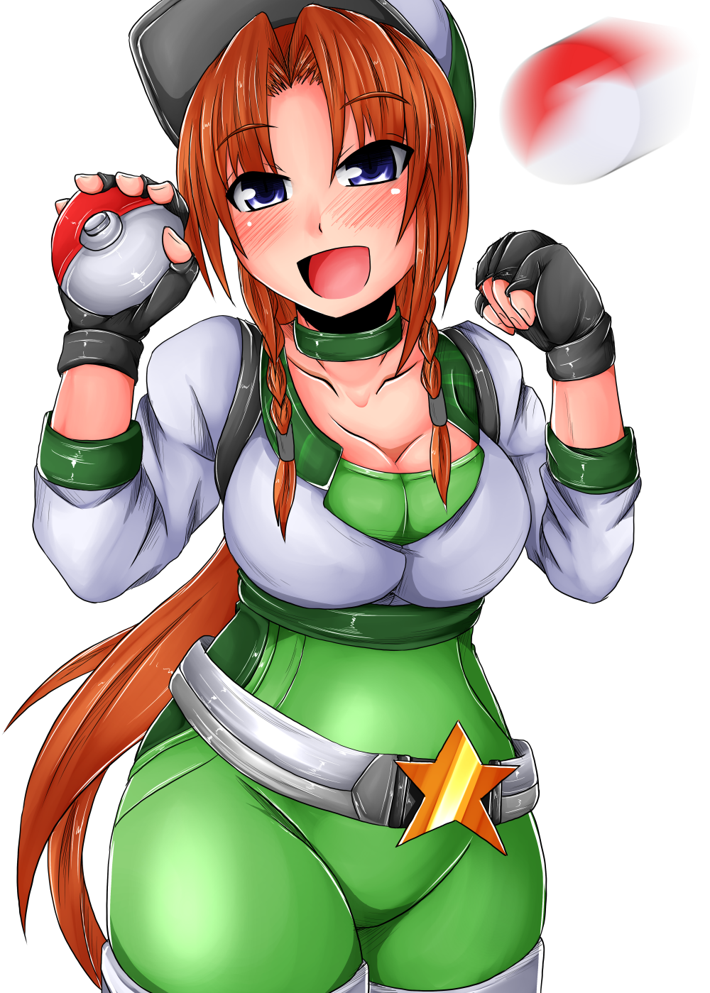 1girl, alternate_costume, alternate_hairstyle, baseball_cap, belt, black_gloves, blue_eyes, breasts, cleavage, cowboy_shot, crop_top, eyebrows, eyebrows_visible_through_hair, female_protagonist_(pokemon_go), female_protagonist_(pokemon_go)_(cosplay), fingerless_gloves, gloves, hand_up, hands_up, hat, highres, hips, holding, holding_poke_ball, hong_meiling, long_ponytail, long_sleeves, looking_at_viewer, medium_breasts, motion_blur, poke_ball, pokemon, pokemon_go, redhead, shiny, shiny_clothes, shiny_hair, shirt, simple_background, smile, solo, star, teikoku_gensui, thighs, touhou, white_background, white_shirt