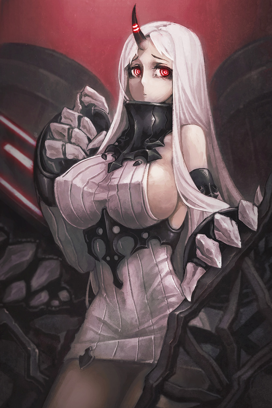 1girl, :o, a-er_(akkij0358), bare_shoulders, breasts, claws, commentary_request, cowboy_shot