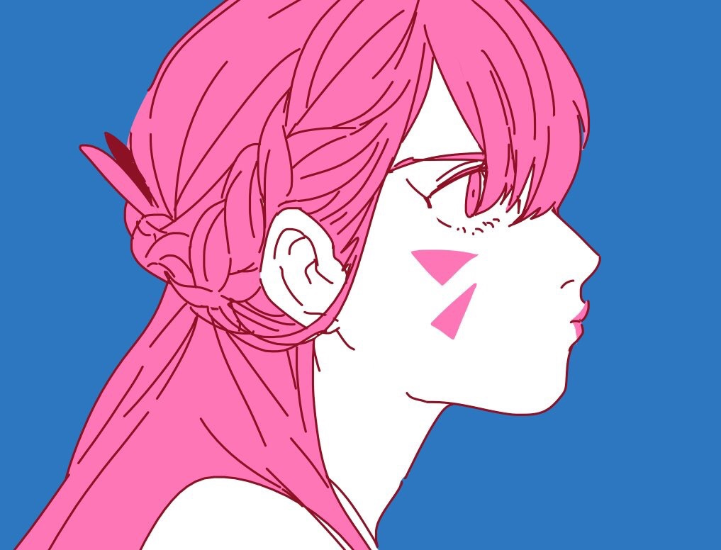 1girl, alternate_hairstyle, bare_shoulders, blue_background, braid, closed_mouth, d.va_(overwatch), facepaint