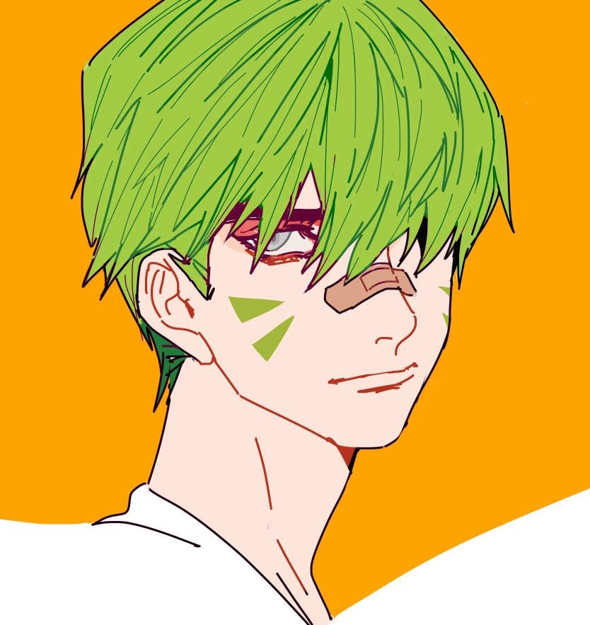 1boy, bandaid, bandaid_on_nose, bangs, closed_mouth, facepaint, facial_mark, genji_(overwatch), green_hair, hair_over_one_eye, hu_(saimens), looking_at_viewer, male_focus, overwatch, portrait, short_hair, solo, whisker_markings