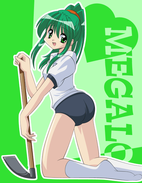 buruma, evi, green_eyes, green_hair, gym_uniform, hoe, inokai_hifumi, kneeling