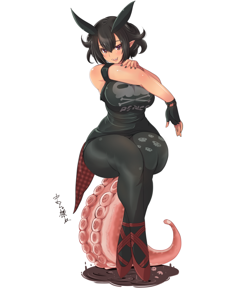 1girl, :d, ankle_lace-up, arm_strap, bangs, bare_shoulders, black_gloves, black_hair