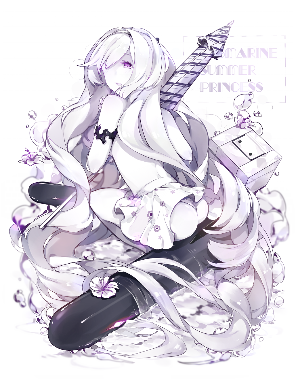 1girl, ass, bare_shoulders, character_name, cooler, flower, glowing, glowing_eye