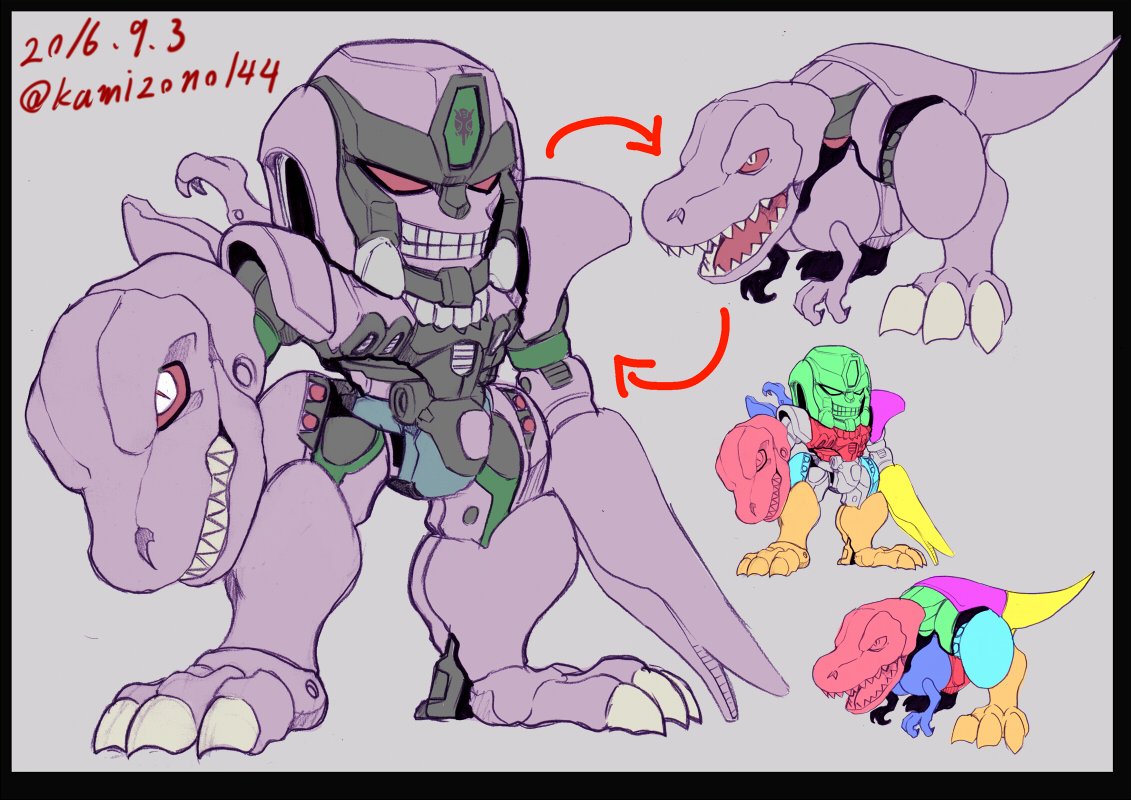 1boy, beast_wars, chibi, claws, clenched_teeth, dinosaur, directional_arrow, fangs