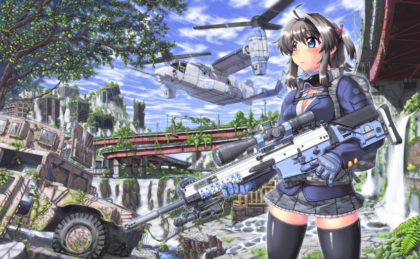 1girl, ahoge, backpack, bag, black_hair, black_legwear, blue_eyes, blue_sky