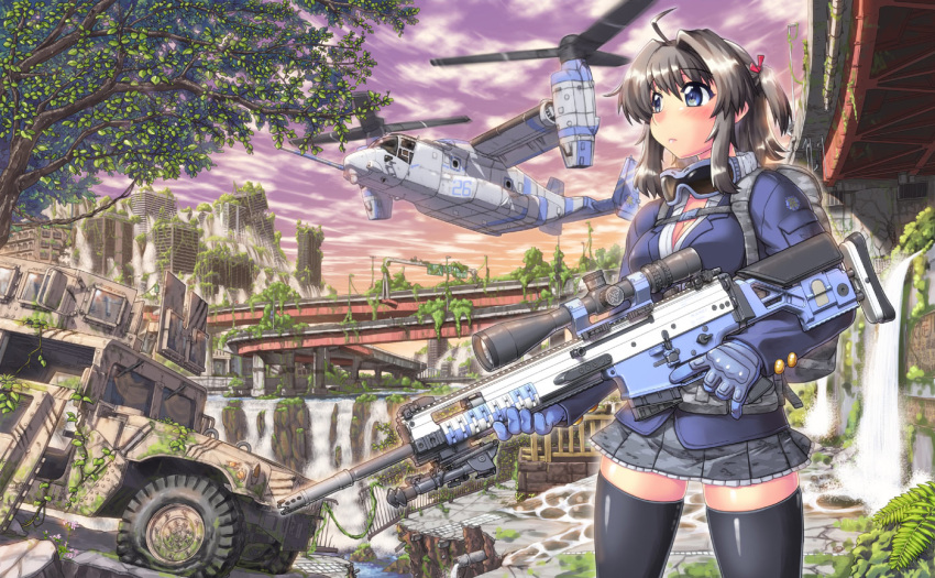 1girl, ahoge, assault_rifle, backpack, bag, black_hair, black_legwear, blue_eyes