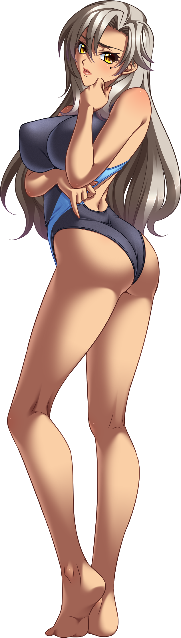 1girl, ass, bare_shoulders, barefoot, blush, competition_swimsuit, dark_skin, full_body, hair_between_eyes, highleg, highleg_swimsuit, highres, kagami_hirotaka, lipstick, long_hair, looking_at_viewer, makeup, mesu_kyoushi_3, mizusawa_chisato, mole, mole_under_eye, one-piece_swimsuit, open_mouth, silver_hair, simple_background, standing, swimsuit, yellow_eyes