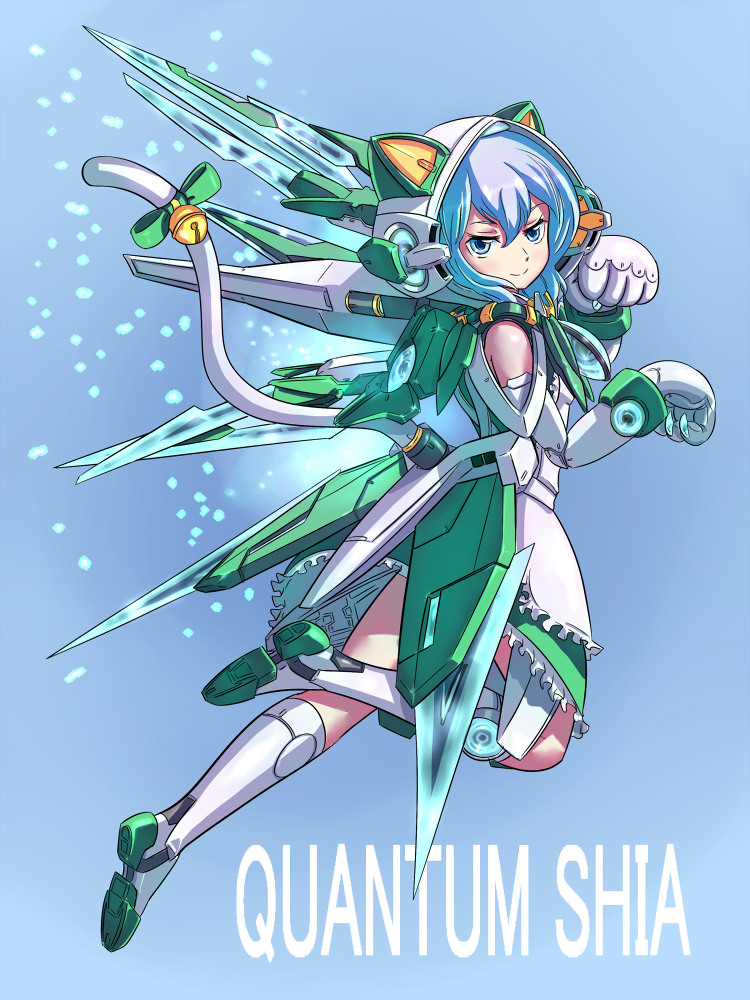 00_shia_qan[t], 1girl, animal_ears, bell, blade, blue_eyes, cat_ears, cat_paws