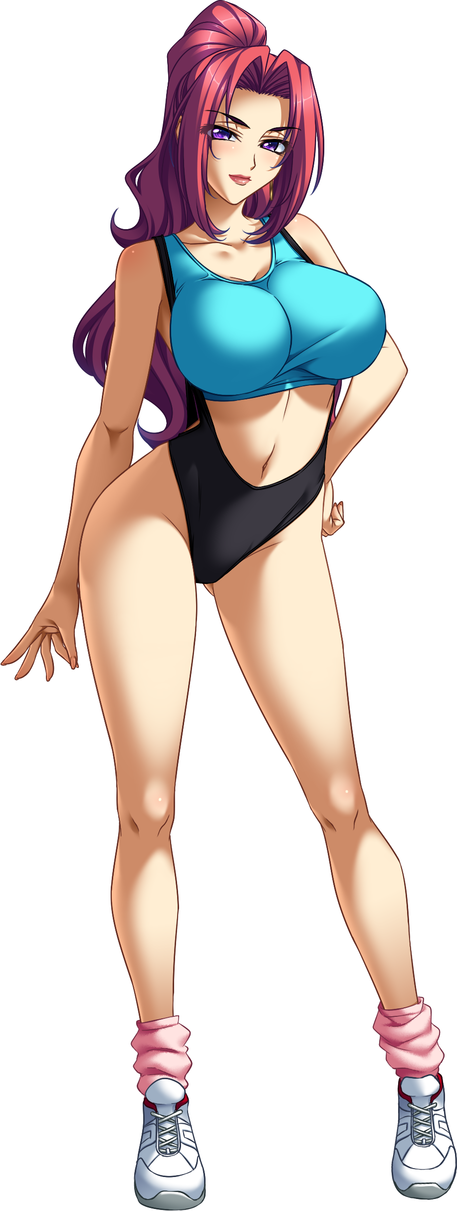 1girl, absurdres, bare_shoulders, full_body, hand_on_hip, highres, kagami_hirotaka, leotard, long_legs, looking_at_viewer, mesu_kyoushi_3, midriff, pink_hair, ponytail, shoes, sneakers, socks, solo, sportswear, standing, violet_eyes
