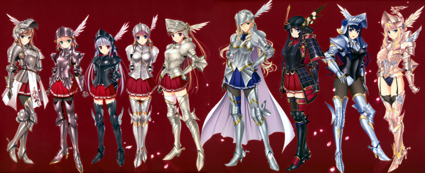 6+girls, absurdres, alice_weinberg, aqua_eyes, armor, armored_boots, arms_behind_back, bertille_althusser