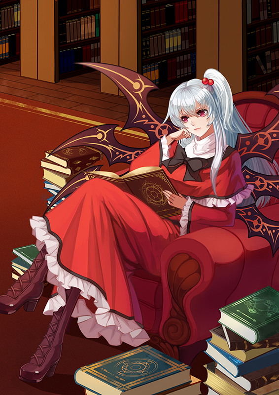 1girl, black_bow, black_bowtie, book, book_stack, bookshelf, boots, bow