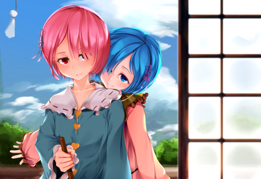 2girls, an-telin, behind_another, blouse, blue_eyes, blue_hair, blue_shirt, blue_sky