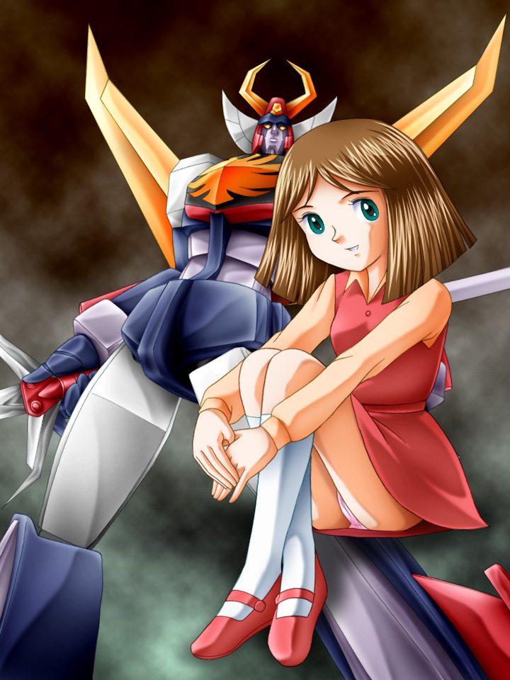 1girl, bad_id, bad_pixiv_id, blue_eyes, brown_hair, child, mecha, muteki_robo_trider_g7