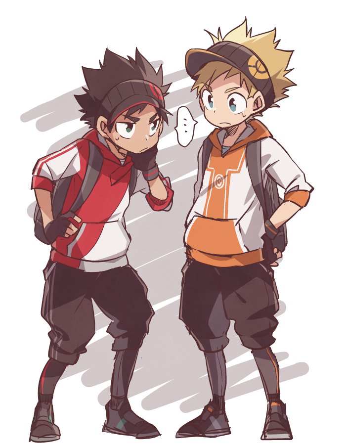 ..., 2boys, backpack, bag, black_gloves, blonde_hair, brown_hair, chin_stroking