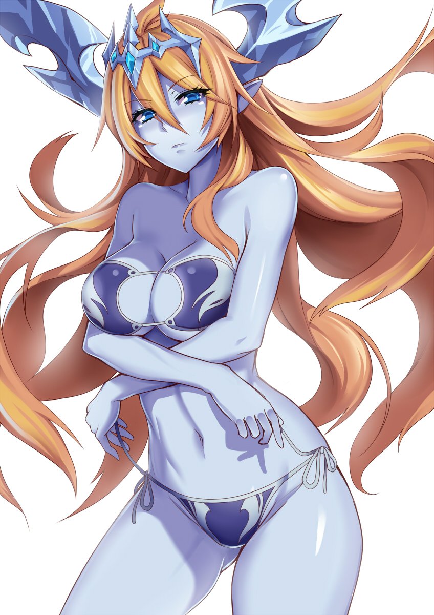 1girl, ass_visible_through_thighs, bikini, blonde_hair, blue_eyes, blue_skin, blush, breast_hold