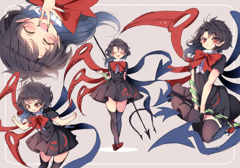 1girl, asymmetrical_wings, black_hair, black_legwear, blush, forbidden_scrollery, houjuu_nue, laughing