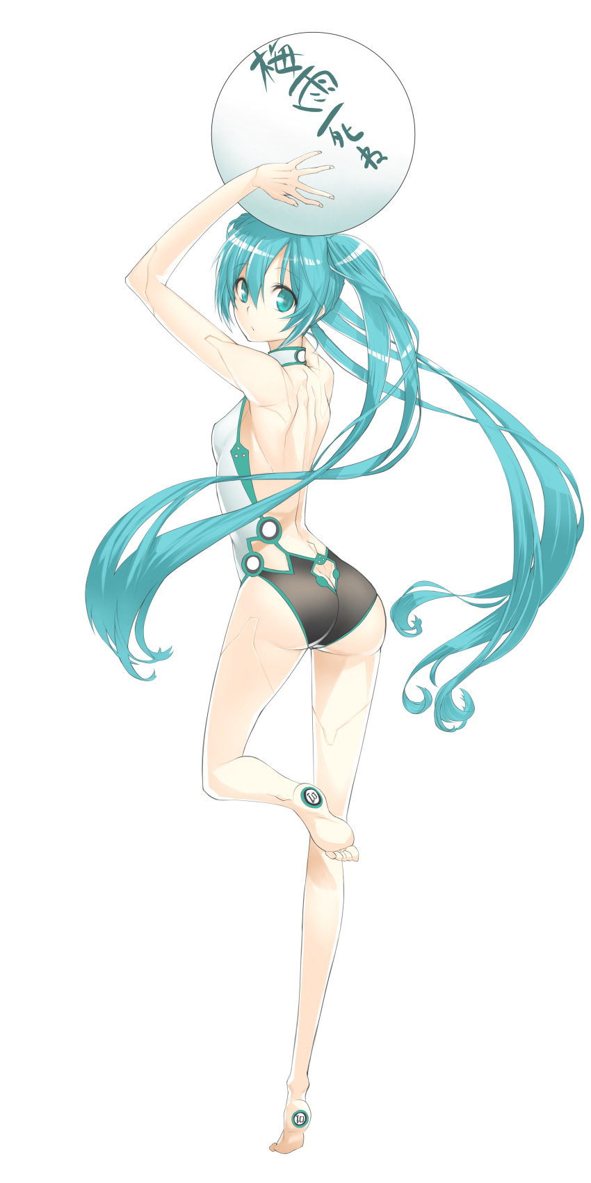1girl, :/, :t, absurdres, aqua_eyes, aqua_hair, arms_up, ass, ball, breasts, butt_crack, closed_mouth, eyebrows, eyebrows_visible_through_hair, full_body, hair_between_eyes, halterneck, hatsune_miku, highres, holding_ball, leg_up, long_hair, looking_at_viewer, looking_back, number, nyamada, simple_background, small_breasts, solo, standing, standing_on_one_leg, translated, very_long_hair, vocaloid, white_background