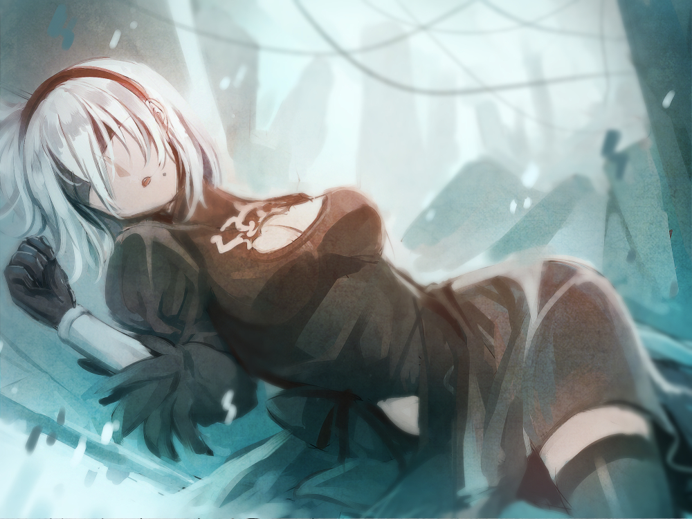 1girl, bangs, black_gloves, blindfold, breasts, cleavage_cutout, commentary_request, dress, gloves, hairband, kiringo, lying, mole, mole_under_mouth, nier, nier_automata, open_mouth, puffy_sleeves, short_hair, solo, thigh-highs, white_hair, yorha_unit_no._2_type_b