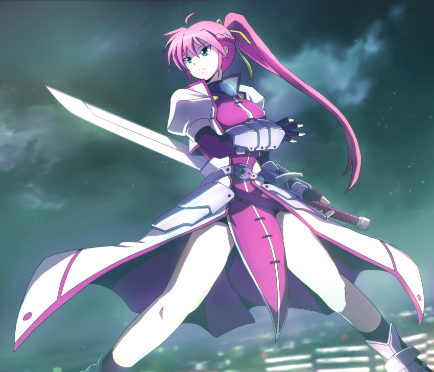 1girl, ahoge, armor, armored_boots, asumakobayashi, belt, blue_eyes, boots