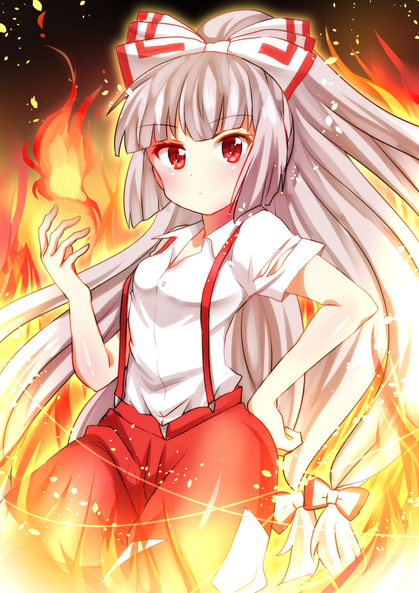 1girl, chako_(chakoxxx), fire, fujiwara_no_mokou, hair_ribbon, hand_on_hip, highres, long_hair