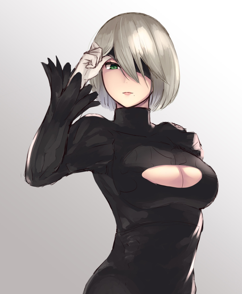 1girl, bangs, blindfold, breasts, cleavage_cutout, green_eyes, highres, mole