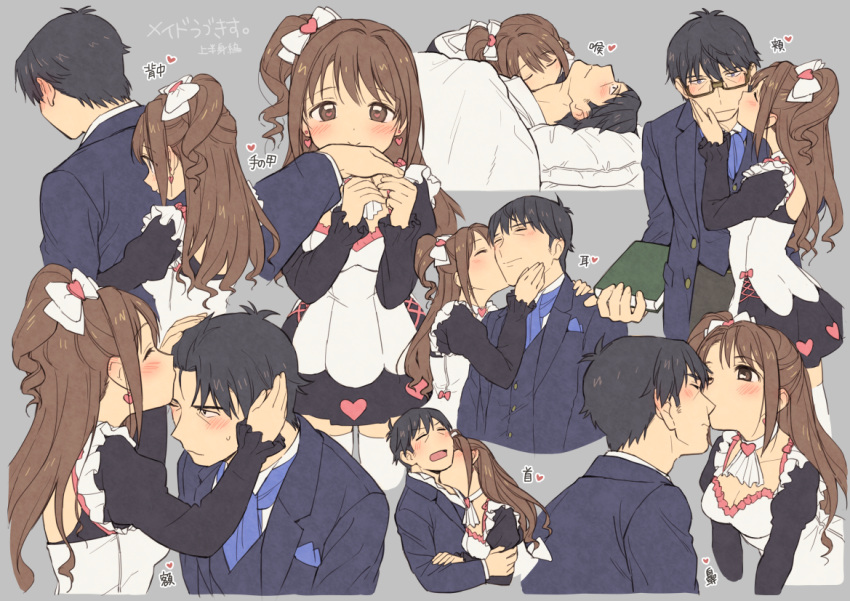 1boy, 1girl, alternate_costume, bespectacled, black_hair, bow, brown_eyes, brown_hair