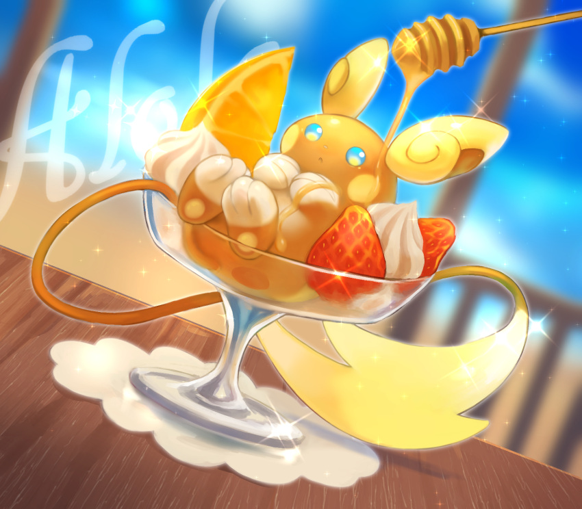 alolan_raichu, cream, food, fruit, highres, honey, honey_dipper, in_food