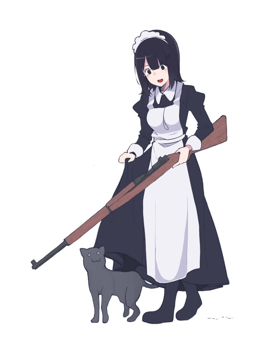 1girl, akagawa007, apron, black_eyes, black_hair, cat, dress, dress_lift