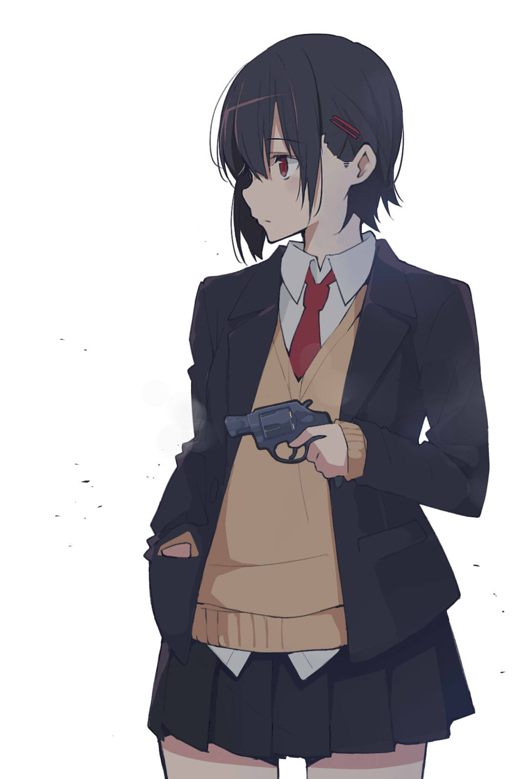 1girl, akagawa007, black_hair, blazer, cardigan, cowboy_shot, eyebrows, eyebrows_visible_through_hair