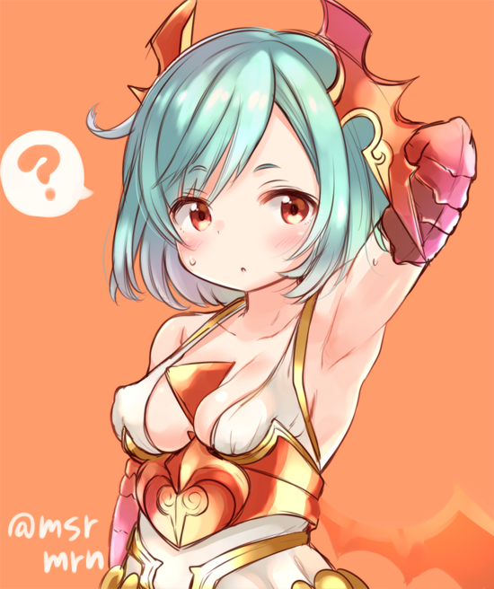 1girl, :o, ?, arm_up, armpits, blue_hair, blush, breasts, dress, horns, marshmallow_mille, medium_breasts, puzzle_&amp;_dragons, red_eyes, saria_(p&amp;d), short_hair, solo, spoken_question_mark, twitter_username, upper_body