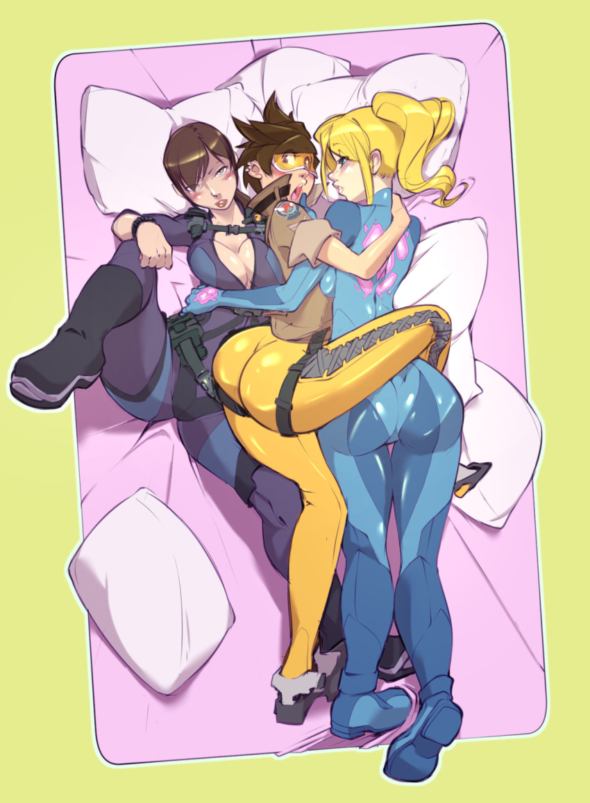3girls, arm_around_waist, ass, bed, blonde_hair, blue_eyes, bodysuit, breasts, brown_eyes, brown_hair, c-smut-run, cleavage, crossover, female, girl_sandwich, goggles, highres, hug, jill_valentine, looking_at_viewer, lying, metroid, multiple_crossover, multiple_girls, nintendo, on_back, on_side, open_mouth, overwatch, pillow, resident_evil, samus_aran, sandwiched, spooning, tracer_(overwatch), yuri, zero_suit
