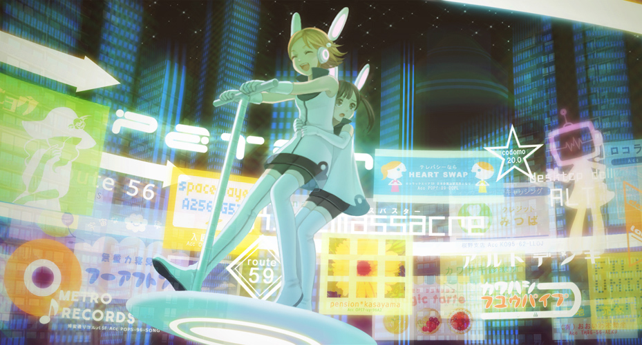building, city, cityscape, flying, kirobaito, lights, multiple_girls, neon