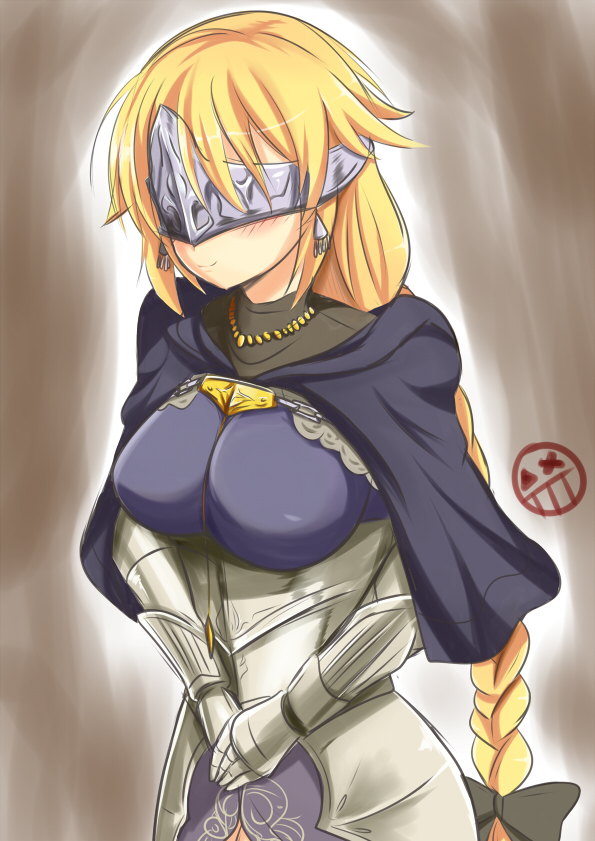 1girl, armor, blonde_hair, blush, braid, breasts, cosplay, dark_souls, dark_souls_iii, earrings, fate/apocrypha, fate/grand_order, fate_(series), fire_keeper, fire_keeper_(cosplay), gauntlets, helmet, jewelry, long_hair, ruler_(fate/apocrypha), setia_pradipta, smile, solo, souls_(from_software), very_long_hair