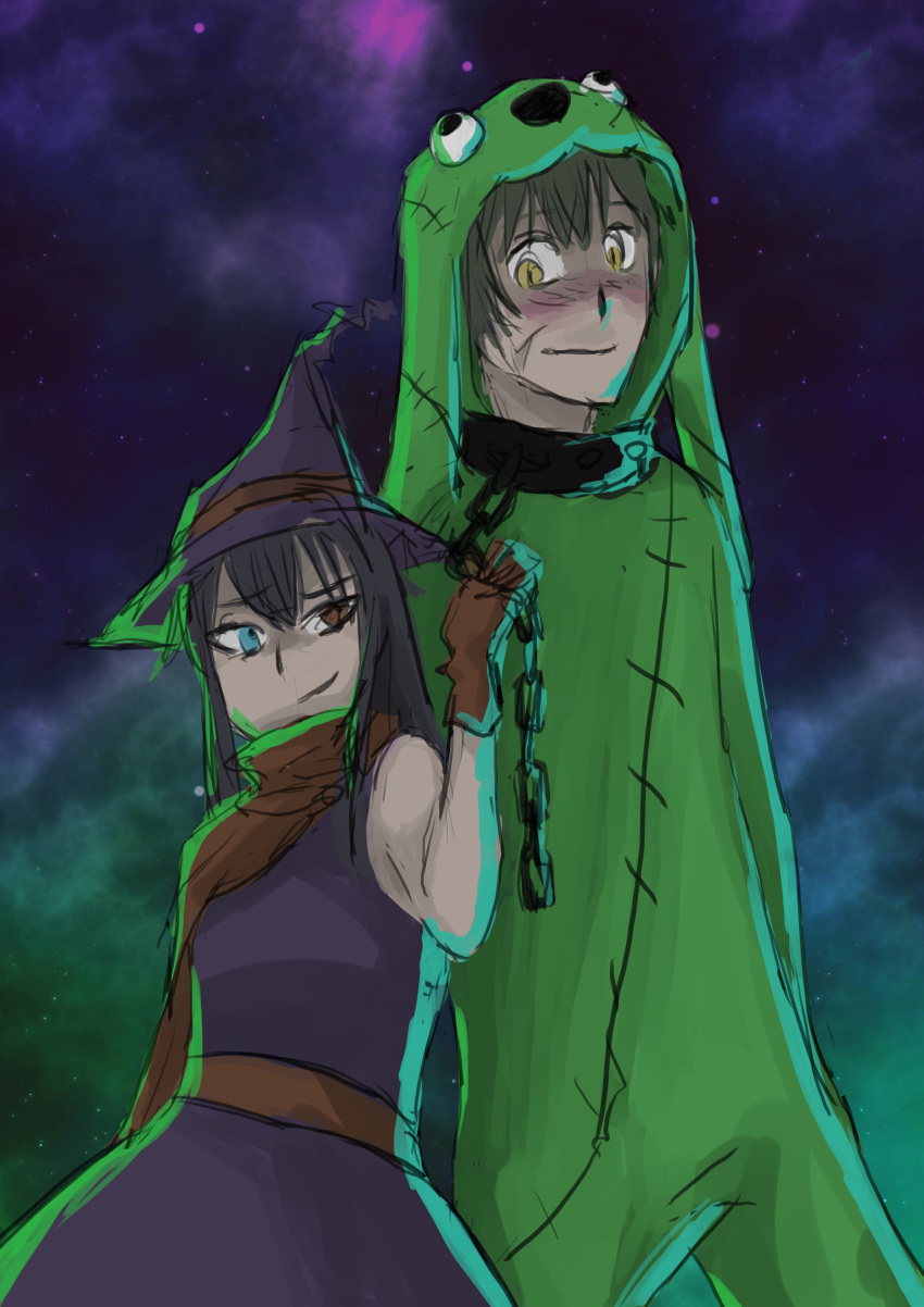 1boy, 1girl, absurdres, androth_(character), animal_costume, bare_shoulders, black_hair, blue_eyes