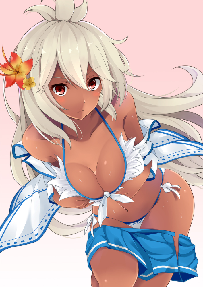 1girl, ahoge, arms_at_sides, bare_shoulders, breasts, cleavage, clothes_down, collarbone