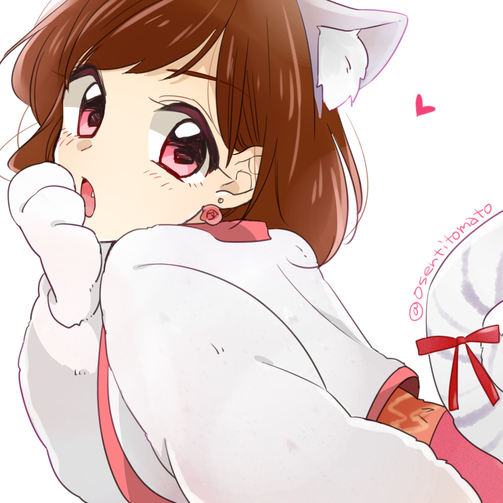 1girl, amu_(doubutsu_sentai_zyuohger), animal_ears, brown_hair, doubutsu_sentai_zyuohger, earrings, fang, female