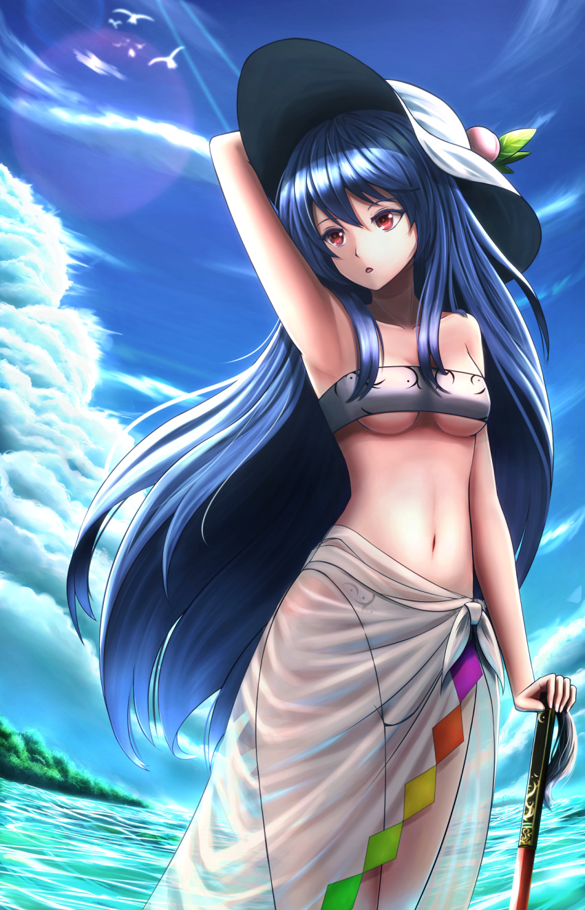 1girl, :o, adapted_costume, animal, arm_up, armpits, bikini, bird