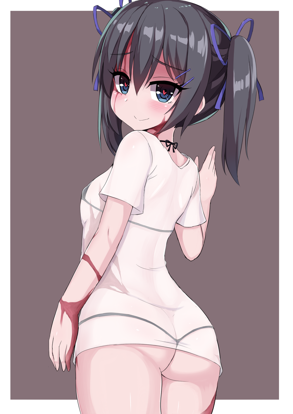 1girl, ass, bikini, bikini_under_clothes, black_bikini, black_hair, blue_eyes, blush, burn_scar, cowboy_shot, dorei_to_no_seikatsu_~teaching_feeling~, from_behind, grey_background, hair_ornament, hair_ribbon, hairclip, heart, heart-shaped_pupils, highres, looking_at_viewer, looking_back, micro_bikini, ocha_(ochappie), ribbon, scar, see-through, shirt, simple_background, smile, solo, swimsuit, sylvie_(dorei_to_no_seikatsu), symbol-shaped_pupils, t-shirt, twintails