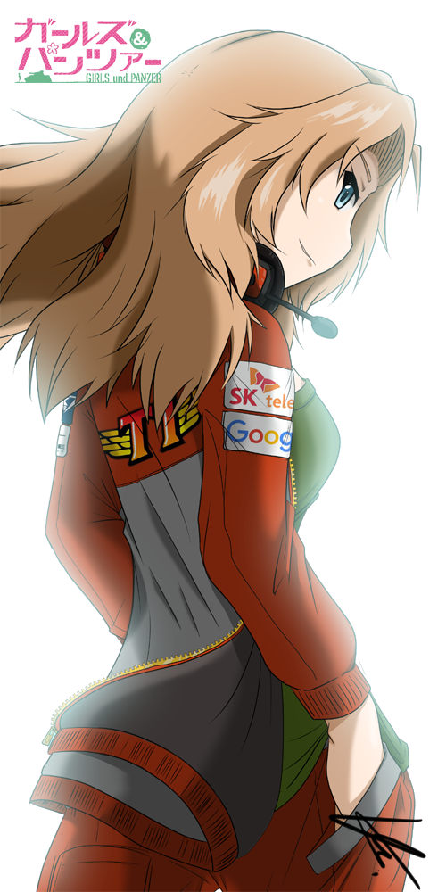 1girl, blonde_hair, blue_eyes, copyright_name, from_behind, girls_und_panzer, google, green_shirt, grin, hands_in_pockets, headphones, headphones_around_neck, jacket, kay_(girls_und_panzer), long_hair, long_sleeves, looking_at_viewer, looking_back, open_clothes, open_jacket, pants, preesoul, racing_suit, red_jacket, shirt, sk_telecom_t1, smile, solo, standing, tank_top, upper_body, white_background, wind