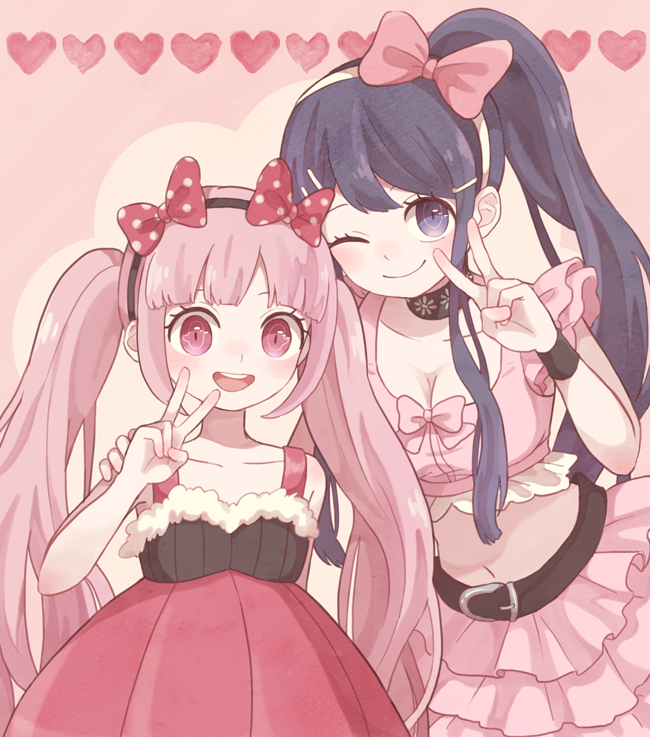 2girls, blue_eyes, blue_hair, crossover, dangan_ronpa, dangan_ronpa_1, hair_ornament, hairband, hug, long_hair, maizono_sayaka, mikuni_(open-ranka), multiple_girls, navel, one_eye_closed, pink_eyes, pink_hair, side_ponytail, smile, twintails, utsugi_kotoko, v, zettai_zetsubou_shoujo