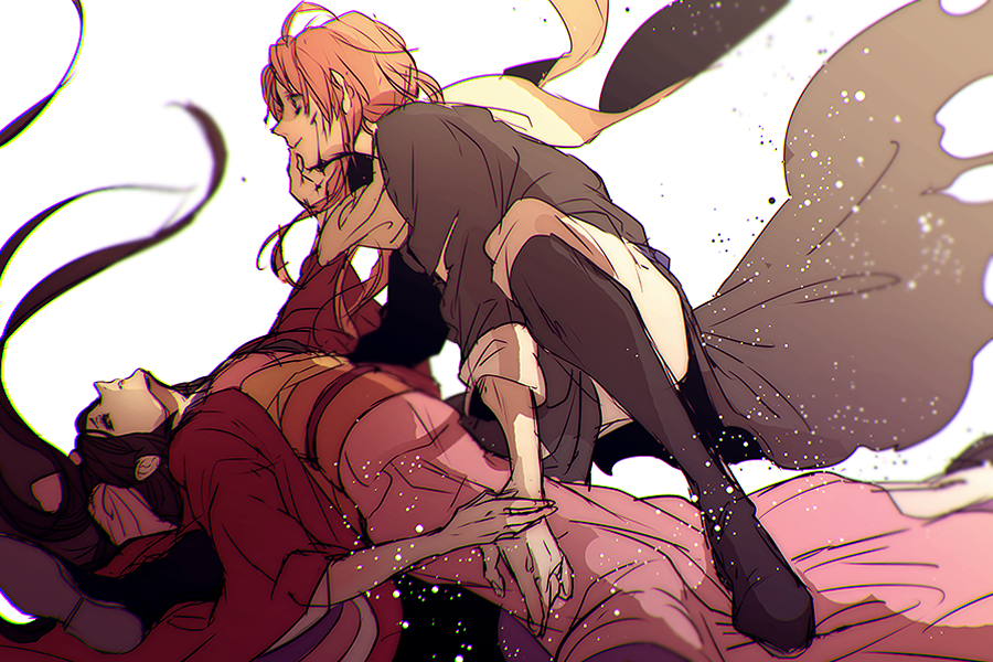 1boy, 1girl, ahoge, black_hair, blood, blood_on_face, blue_eyes, gintama