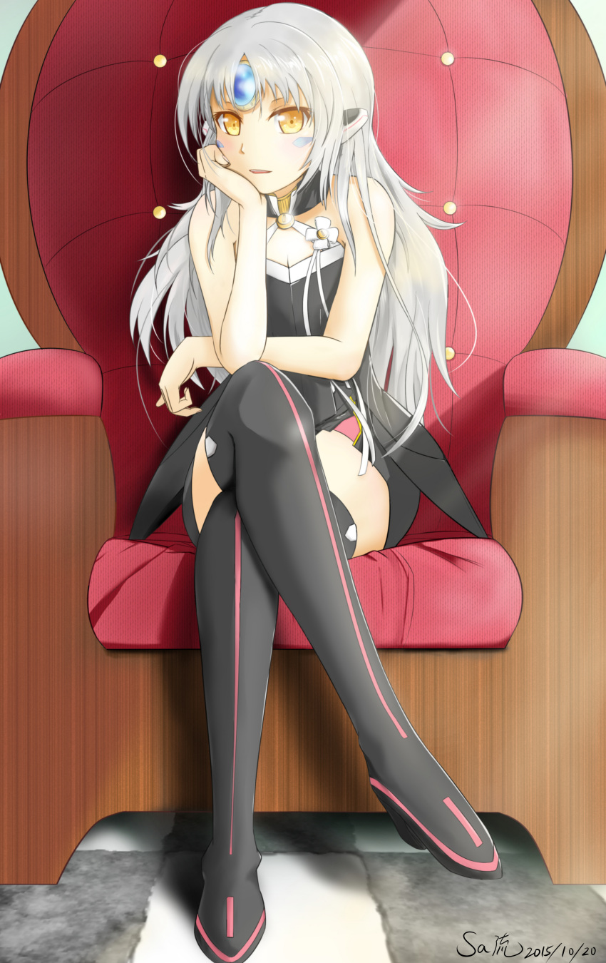 1girl, absurdres, bare_shoulders, boots, chin_rest, code:_nemesis_(elsword), crossed_legs, dated