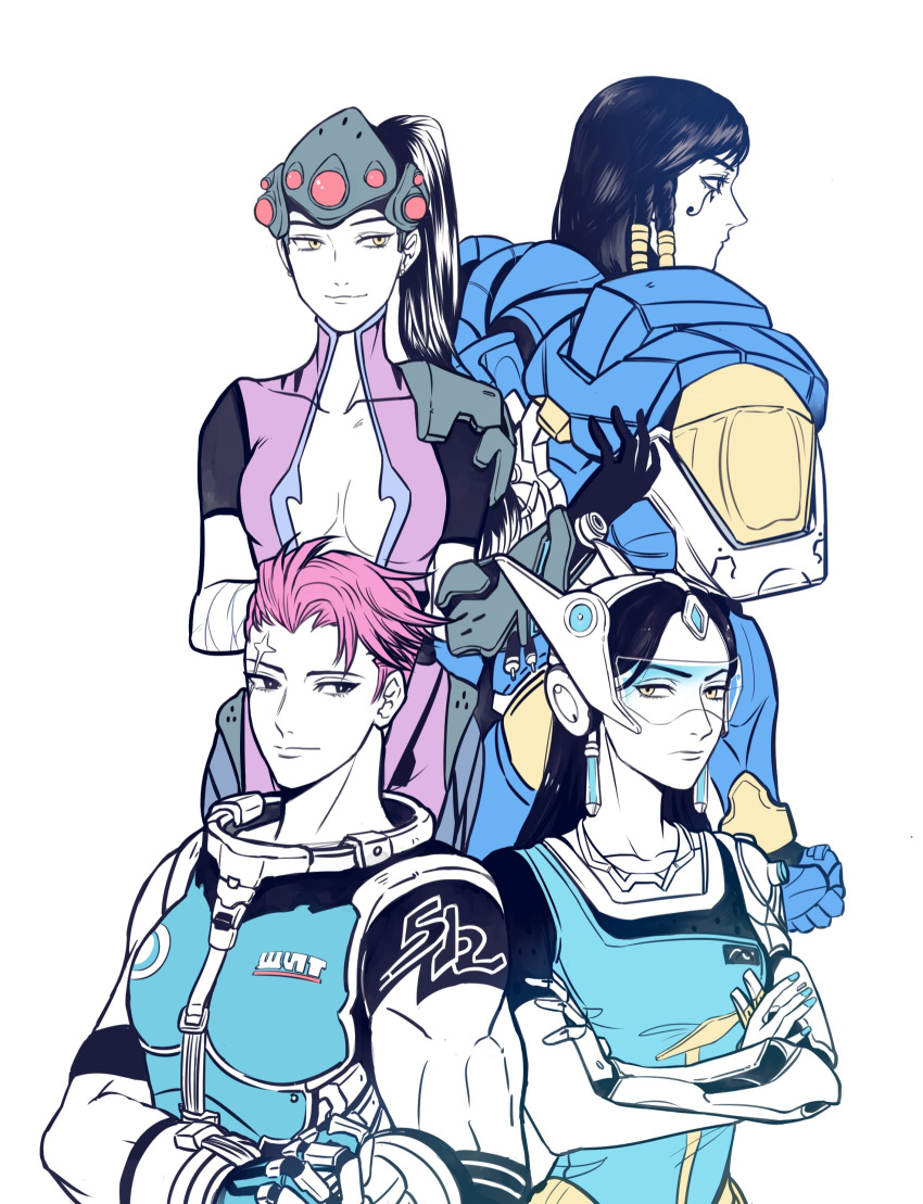 4girls, arm_tattoo, asymmetrical_clothes, biceps, black_gloves, black_hair, blue_dress, bodysuit, bosong_beoseot, braid, breasts, center_opening, clenched_hand, closed_mouth, crossed_arms, dress, earrings, eye_of_horus, facial_mark, facial_tattoo, female, forehead_jewel, from_side, gauntlets, gloves, hair_tubes, head_mounted_display, highres, jewelry, long_hair, mechanical_arm, medium_breasts, multiple_girls, muscle, muscular_female, nail_polish, necklace, overwatch, pauldrons, pharah_(overwatch), pink_hair, ponytail, power_armor, scar, scar_across_eye, short_hair, shoulder_pads, side_braids, simple_background, sleeveless, stud_earrings, symmetra_(overwatch), tattoo, turtleneck, visor, white_background, widowmaker_(overwatch), yellow_eyes, zarya_(overwatch)