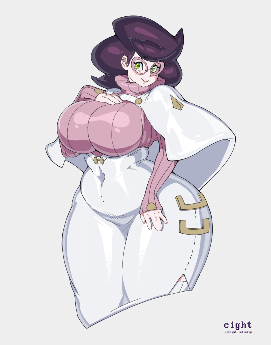 1girl, :>, breasts, covered_navel, curvy, eight_(upright-infinity), fat, glasses, green_eyes, looking_at_viewer, plump, pokemon, pokemon_(game), pokemon_sm, purple_hair, smile, solo, thick_thighs, thighs, turtleneck, turtleneck_sweater, vicke_(pokemon), wide_hips