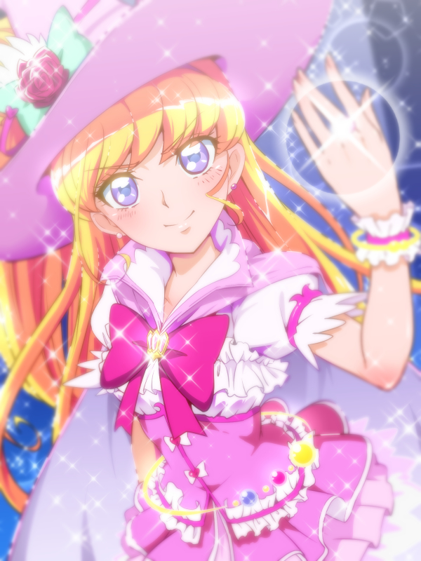 1girl, alexandrite_style, asahina_mirai, blonde_hair, blue_eyes, blush, cure_miracle, dress