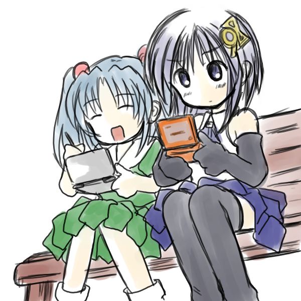 98, blue_hair, girls_playing_games, loli, nintendo_ds, os, smile