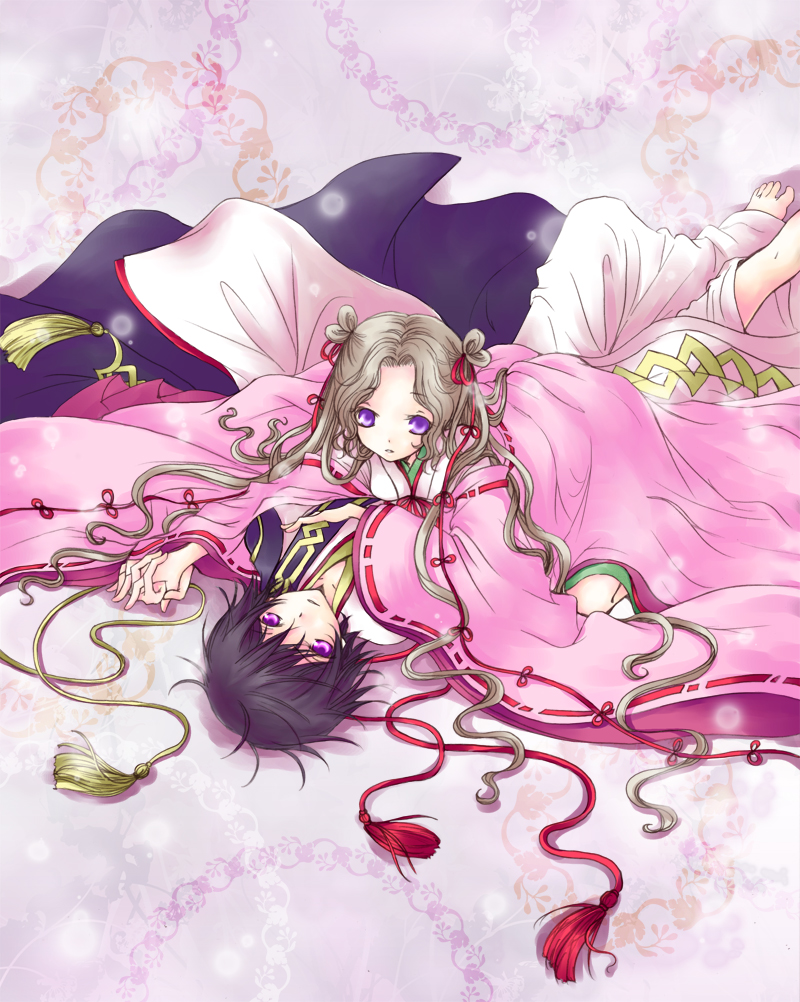 black_hair, brown_hair, code_geass, feet, hand_holding, holding_hands, japanese_clothes, kimono