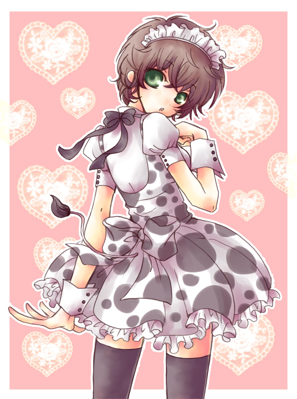 bad_id, brown_hair, code_geass, cow_print, cow_tail, crossdressing, crossdressinging, dress, enmaided, green_eyes, kururugi_suzaku, maid, maid_cap, maid_headdress, muu, tail, thigh-highs, thighhighs, trap