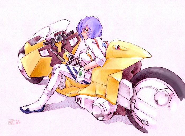 1girl, akira, ayanami_rei, blue_hair, blush, crossover, cyberpunk, gloves